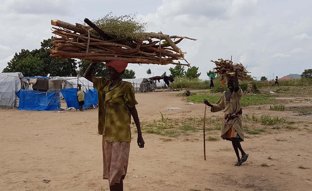 Two people carry wood.