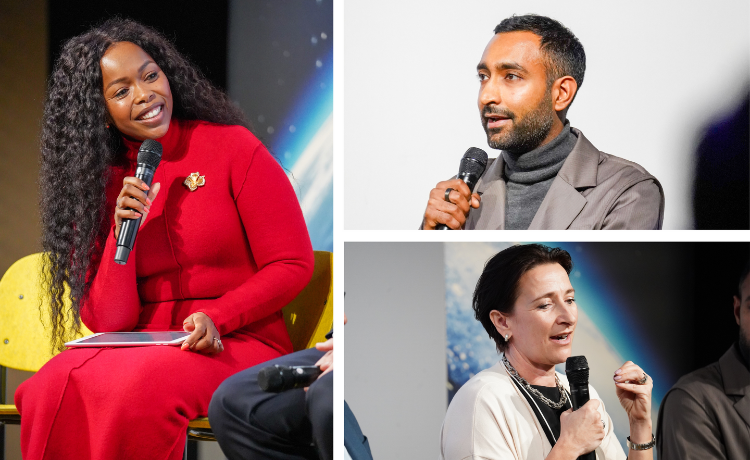 Speakers (left to right) Nozipho Tshabalala, Anant Ahuja, Director ESG & Sustainability at Shahi Exports & CEO and Co-founder at Good Business Lab, and Christelle Beneteau, Chief People Officer, Ferring Pharmaceuticals. © UNFPA/Marcel Mainzer