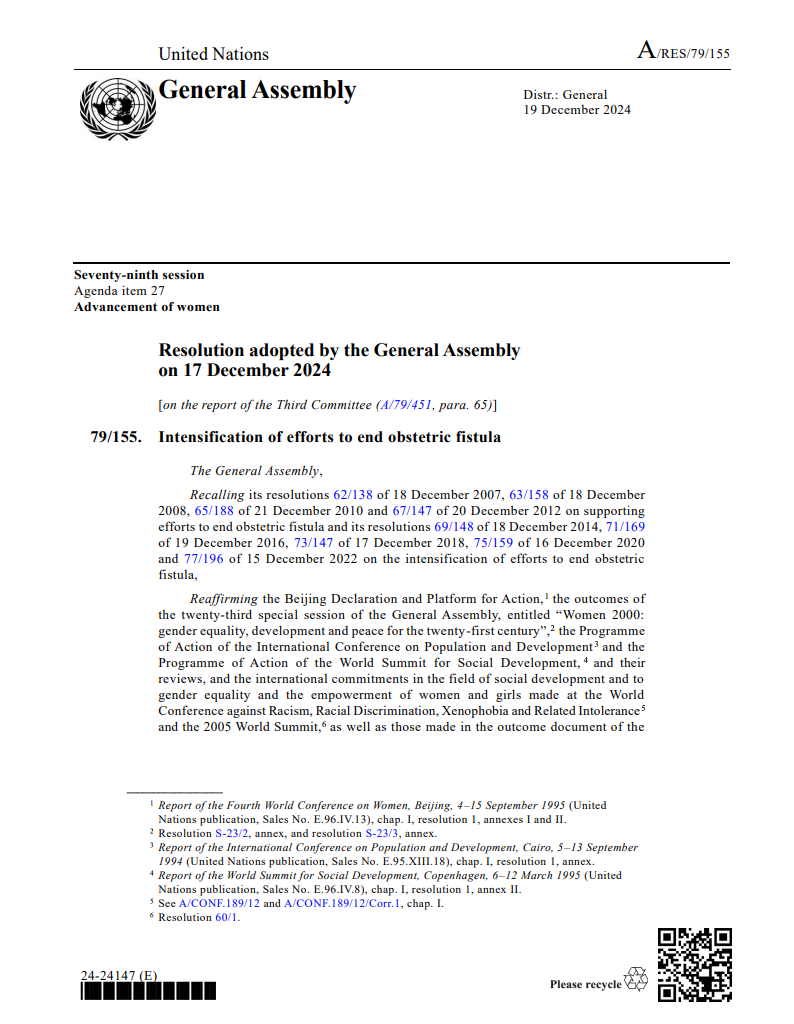 Intensification of efforts to end obstetric fistula: resolution / adopted by the General Assembly