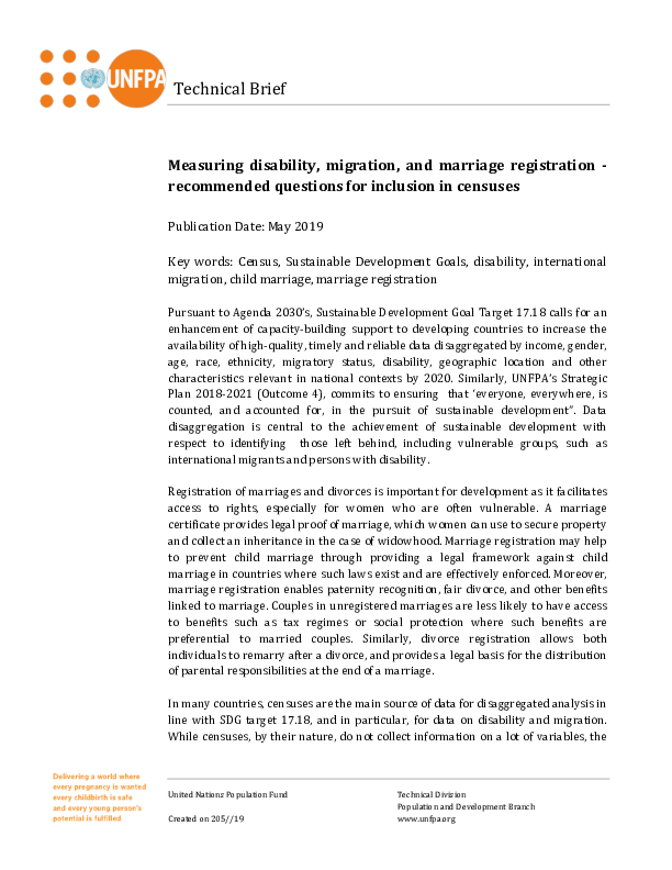 Measuring disability, migration, and marriage registration - recommended questions for inclusion in censuses