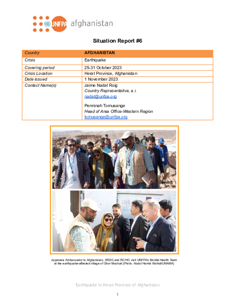 UNFPA Afghanistan Situation Report (Herat Province) #6: 25-31 October 2023