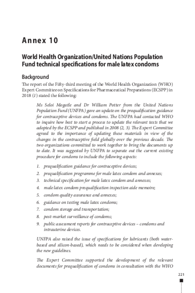 WHO/UNFPA Technical Specifications for male latex condoms