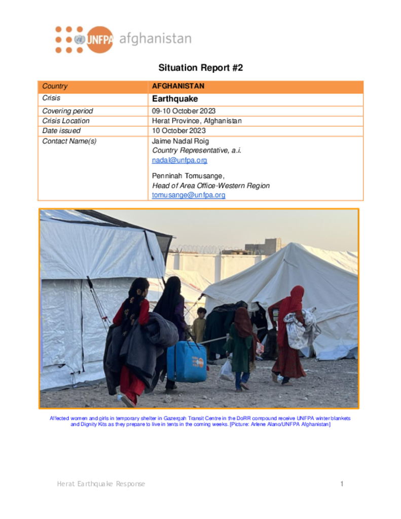 UNFPA Afghanistan Situation Report (Herat Province) #2: 09-10 October 2023