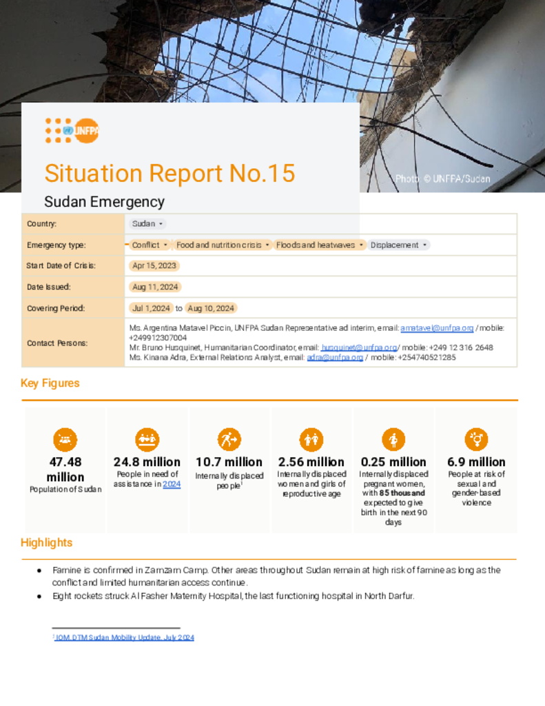 UNFPA Sudan Emergency Situation Report #15 - 11 August 2024