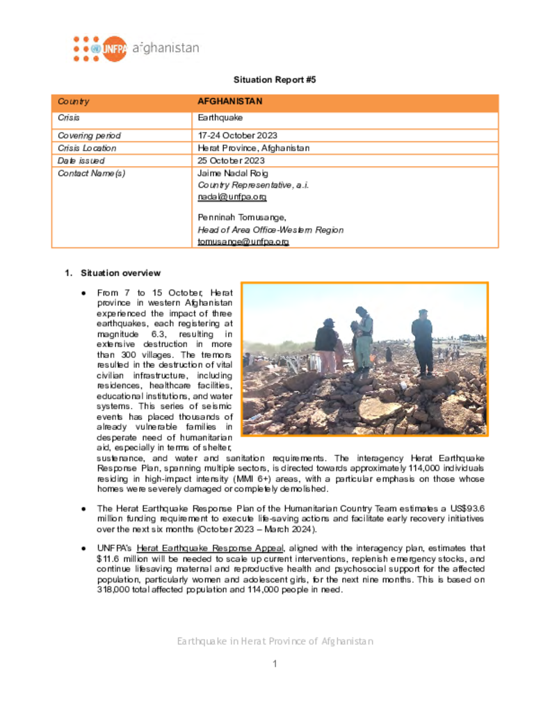 UNFPA Afghanistan Situation Report (Herat Province) #5: 17-24 October 2023