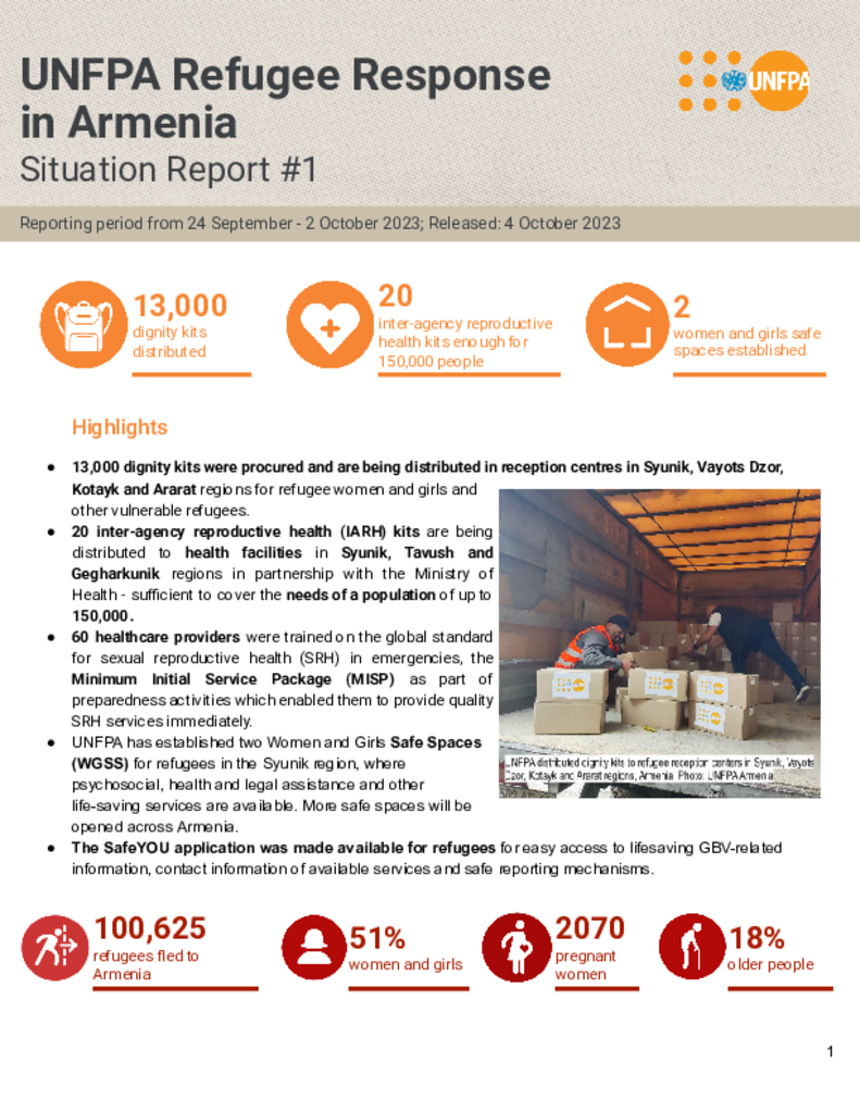 UNFPA Refugee Response in Armenia: Situation Report #1 - 04 October 2023