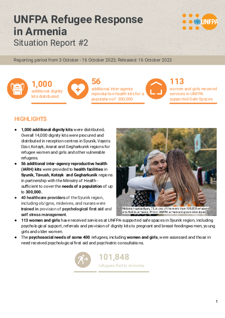 UNFPA Refugee Response in Armenia: Situation Report #2 - 16 October 2023