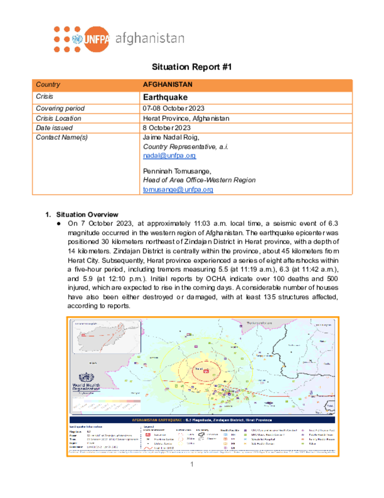 UNFPA Afghanistan Situation Report (Herat Province) #1: 07-08 October 2023