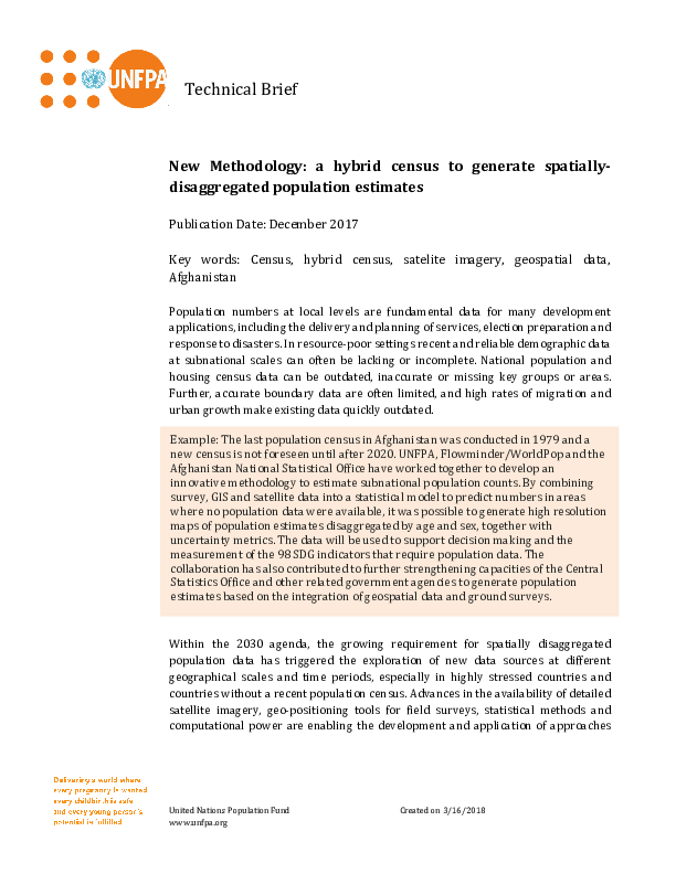 New Methodology: a hybrid census to generate spatially disaggregated population estimates