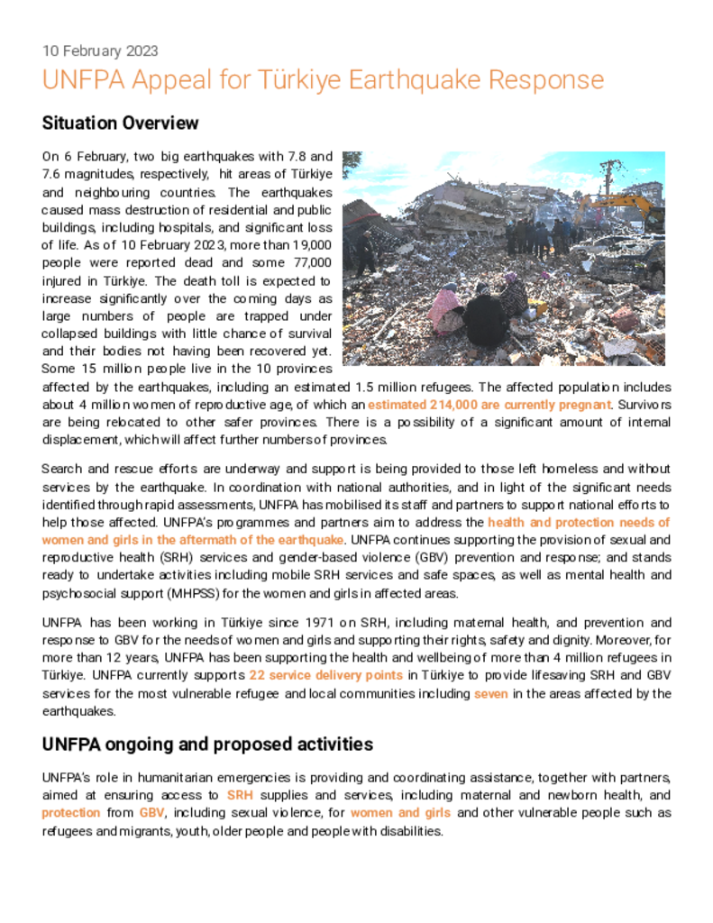 UNFPA Appeal for Türkiye Earthquake Response