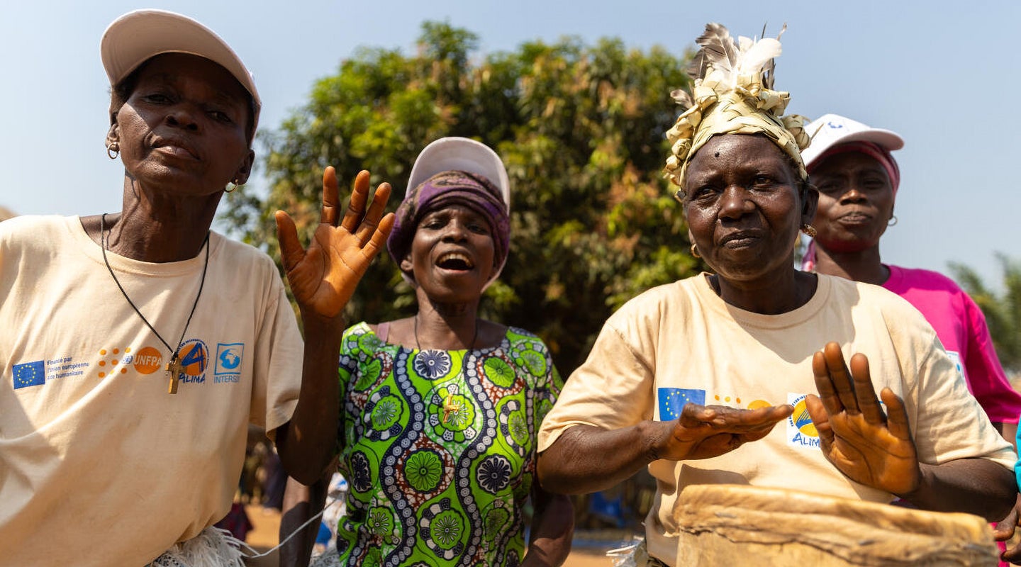 Women sing and play music at the Mboko Landja safe space.