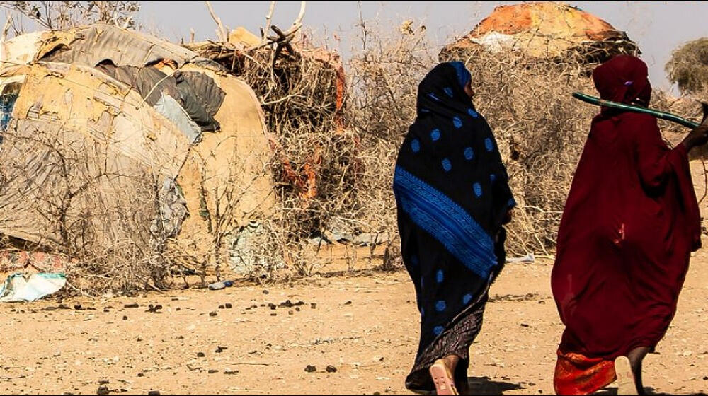 Two people walk through a desert.