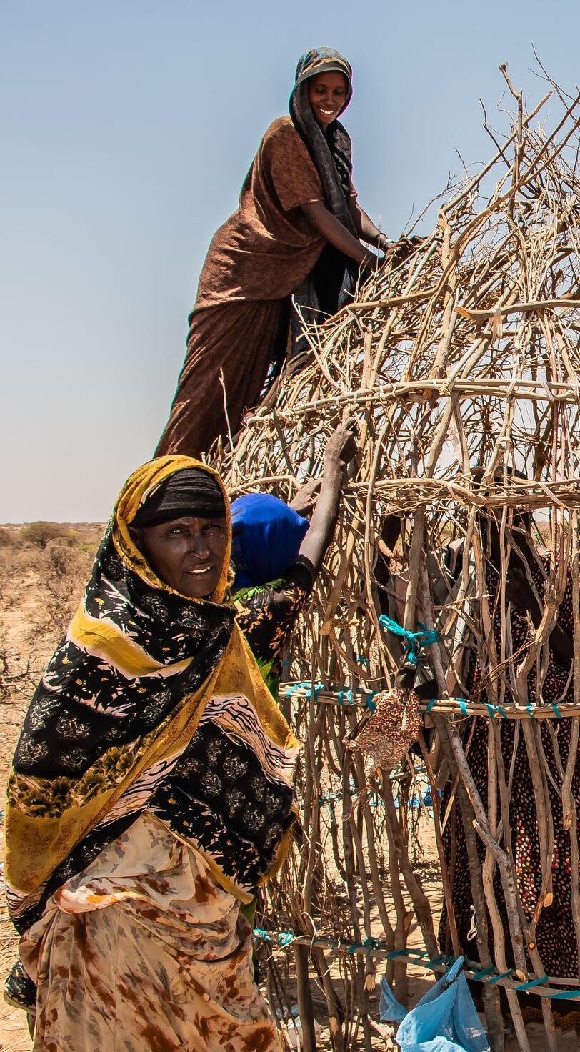 A group of women build a tent.