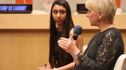 Swedish Minister for Foreign Affairs, Her Excellency Ms. Margot Wallström and Ms. Sahar Momin, a graduate student from Columbia School of Public Health at the 15th Salas Memorial Lecture at the Economic and Social Council Chamber of the United Nations Headquarters