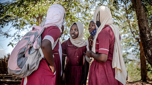 Five girls in a circle under a tree talking to each other.