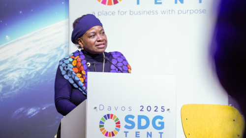 UNFPA Executive Director Dr. Natalia Kanem delivering opening remarks at UNFPA’s World Economic Forum side event. © UNFPA/Marcel Mainzer